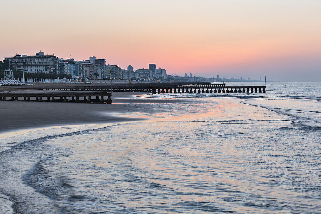 Europe, Italy, Veneto, Venezia, A view of Jesolo beach few minutes before the sunrise