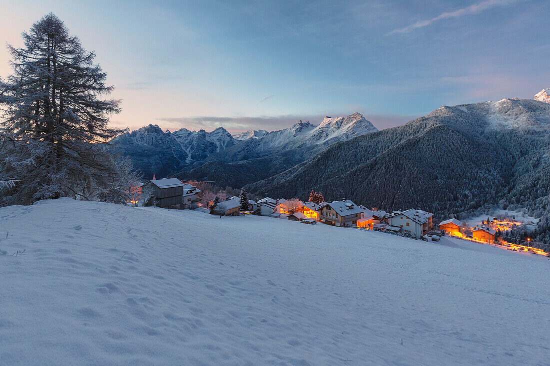 Europe, Italy, Veneto, Belluno, Dolomites, The village of Coi, Zoldo valley at dusk