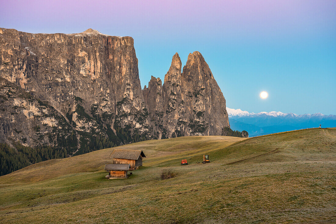 Alpe di Siusi, Seiser Alm, Dolomites, South Tyrol, Italy, Sunset on the Alpe di Siusi, Seiser Alm