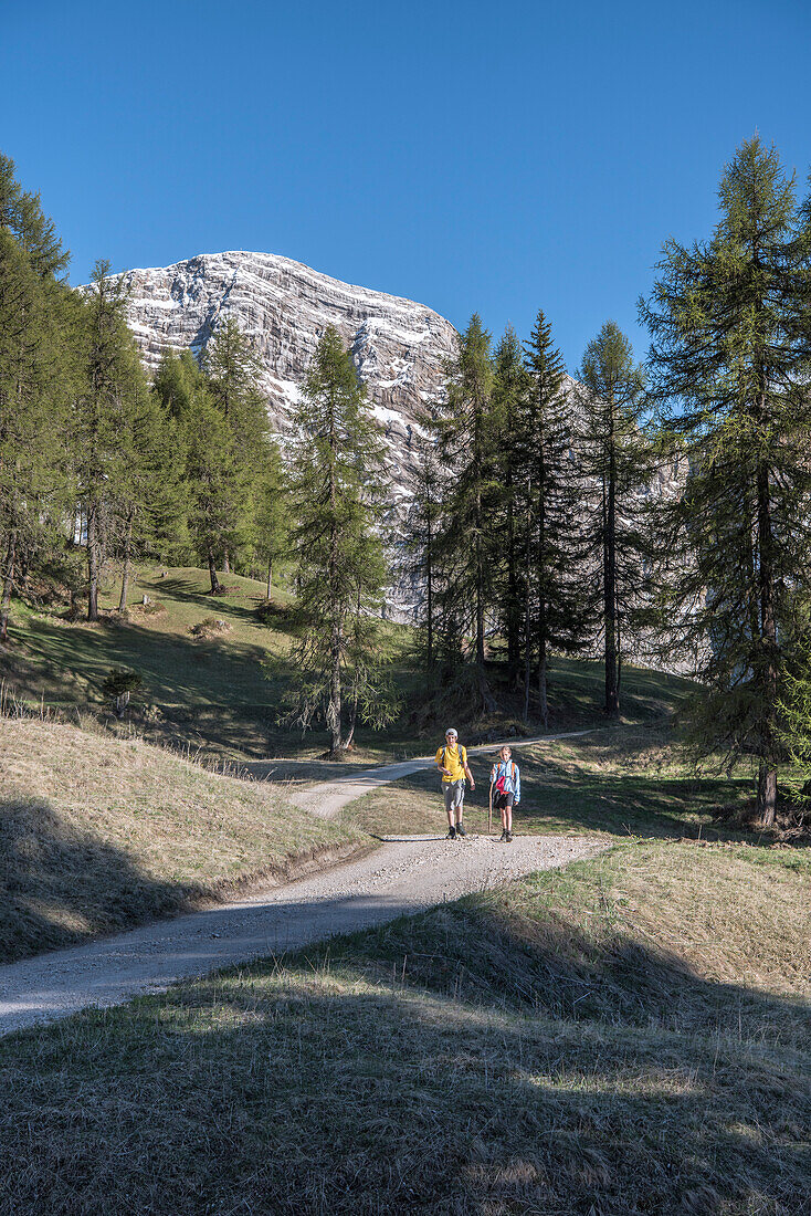 La Valle, Wengen, Alta Badia, Provinz Bozen, Südtirol, Italien, Wanderer auf den Weiden von Pra de Rit