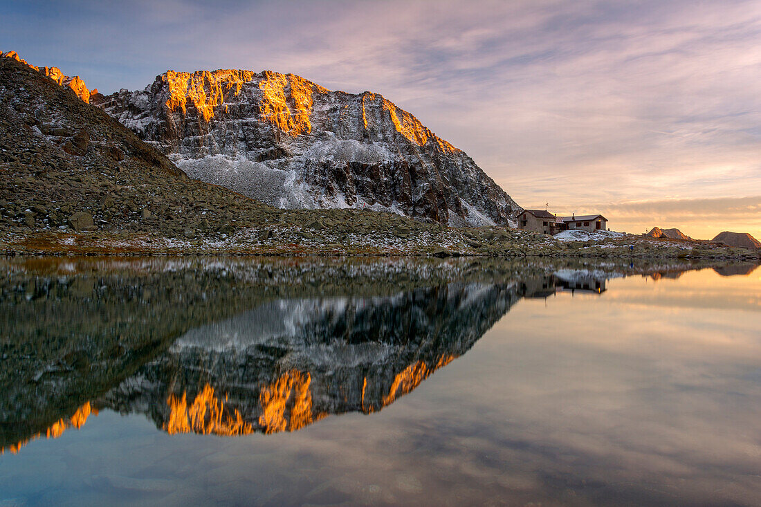 Tonolini Refuge at sunset, Adamello park, province of Brescia, Italy