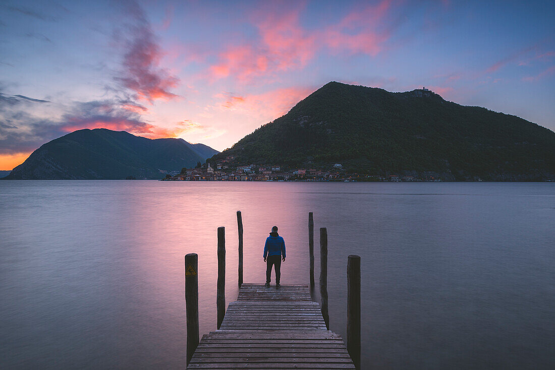 Iseo lake at sunset, Brescia province, Lombardy district, Italy, Europe