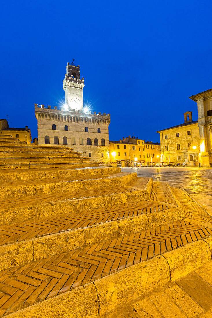 Italy, Tuscany, the village of Montepulciano on the hills tuscany, plaza Grande by night, provence of Siena