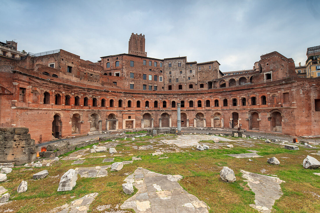 The dusk lights on the Trajan Forum and ruins of the ancient Roman Empire Rome Lazio Italy Europe