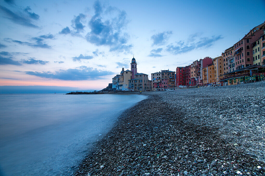 Sunset on the picturesque fishing village Camogli Gulf of Paradise Portofino National Park Genoa province Liguria Italy Europe