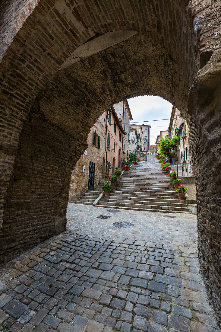 Eine typische Gasse der Altstadt im mittelalterlichen Dorf Corinaldo Provinz Ancona Marche Italien Europa
