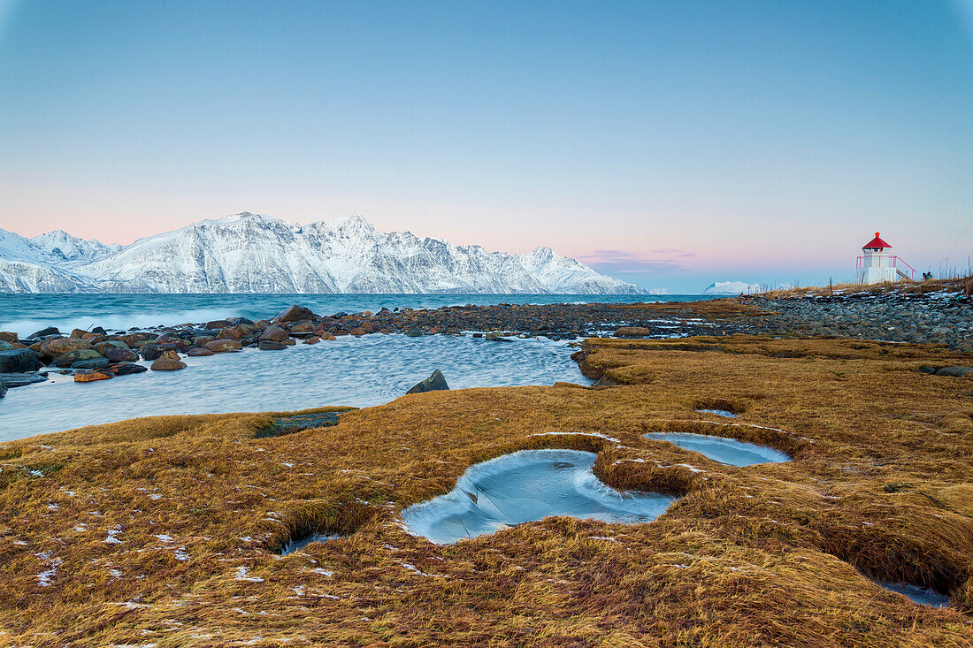 Gras bedeckt mit Eisrahmen der Leuchtturm umgeben von gefrorenem Meer im Morgengrauen Djupvik Lyngen Alpen Tromsø Norwegen Europa