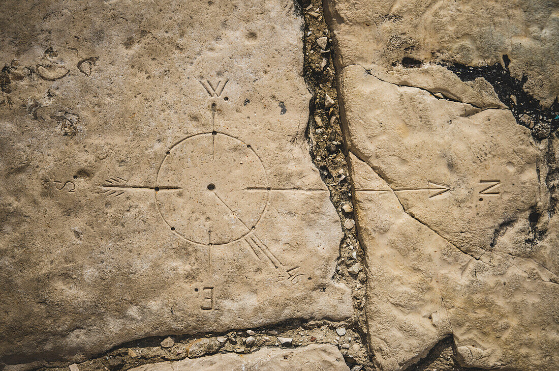 Compass Etched into Stone Path, Vis, Croatia