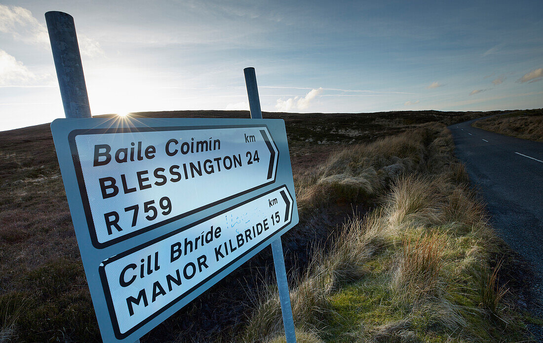 Roadsign on a country road, Wicklow Mountains, County Wicklow, Ireland