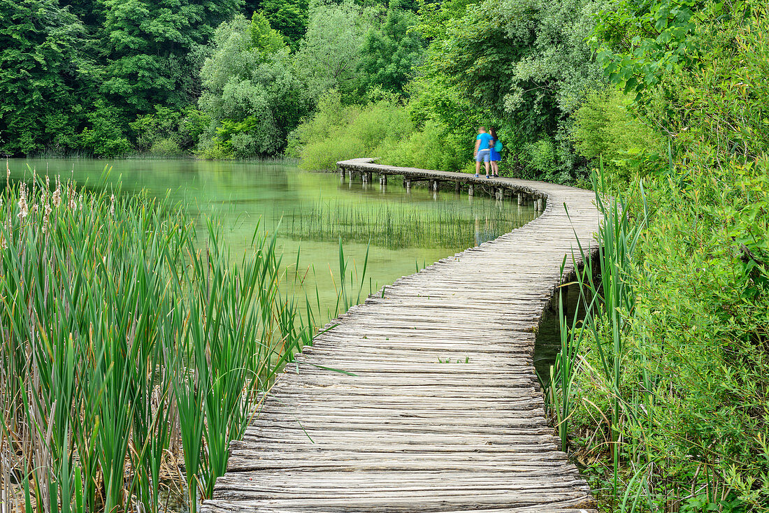 Zwei Personen gehen auf Steg durch Nationalpark Plitzwitzer Seen, Plitvitzer Seen, Nationalpark Plitvitzer Seen, Plitvice, UNESCO Weltnaturerbe Nationalpark Plitvitzer Seen, Kroatien