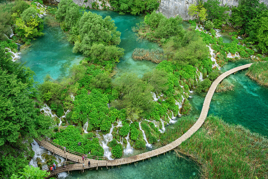 Pier with persons on it leading through National Park Plitvice Lakes, Plitvice Lakes, National Park Plitvice Lakes, Plitvice, UNESCO world heritage site National Park Lake Plitvice, Croatia