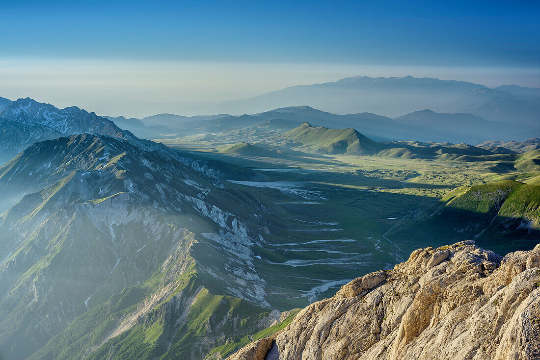 View from Corno Grande towards Campo Imperatore, Corno Grande, Gran Sasso, Abruzzi, Italy