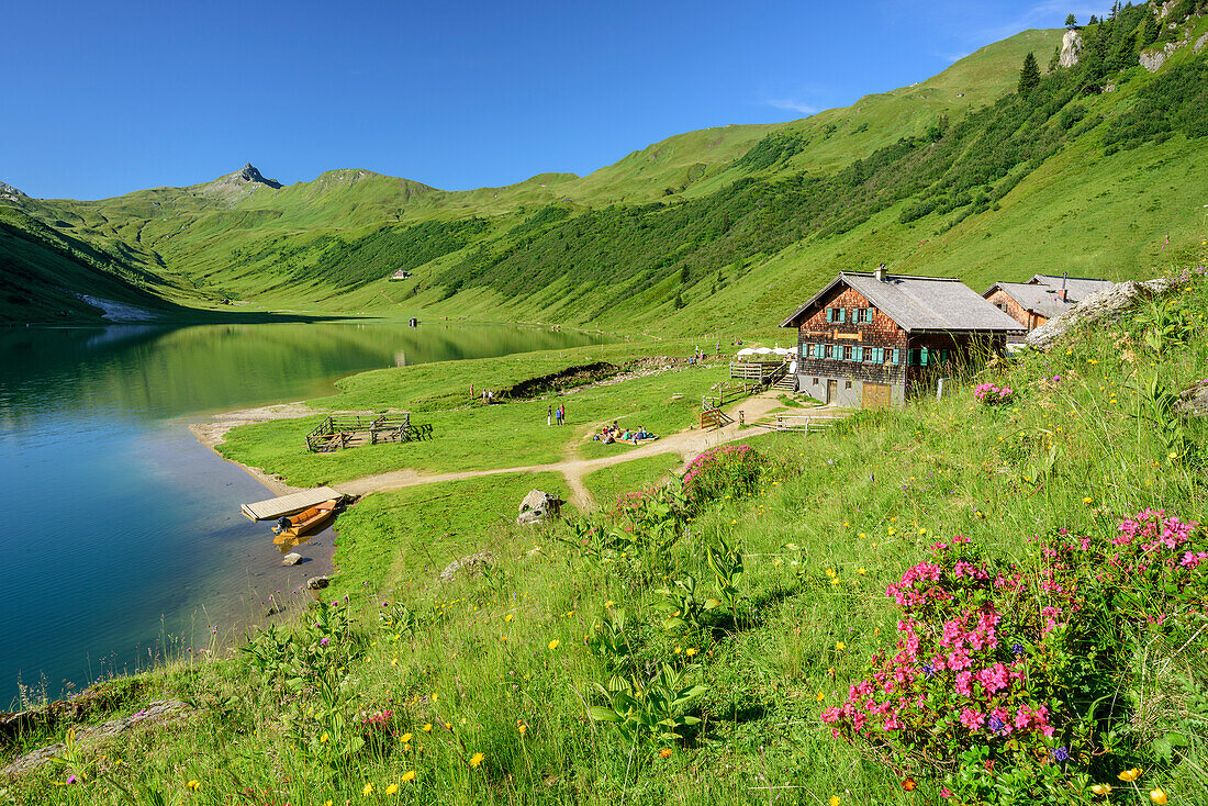 Alpine hut Tappenkarseealm at lake Tappenkarsee, lake Tappenkarsee, Radstadt Tauern, Salzburg, Austria