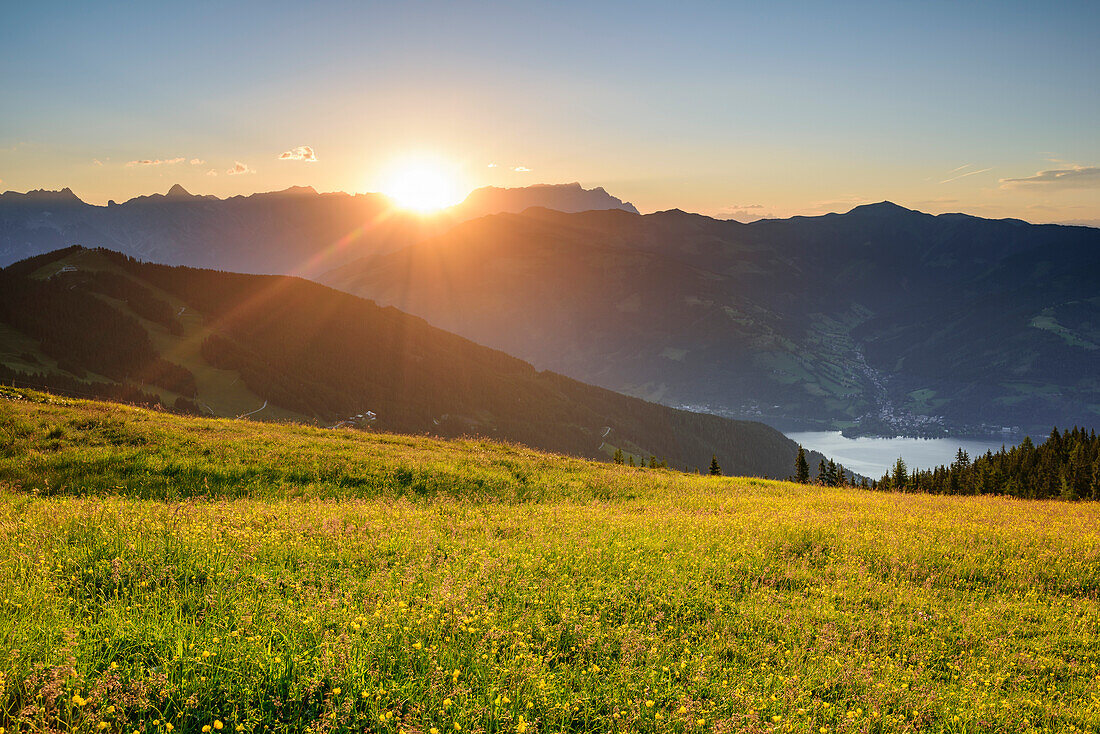 Sunrise above meadow with flowers and lake Zeller See, Schmittenhoehe, Pinzgauer Spaziergang, Kitzbuehel Alps, Salzburg, Austria