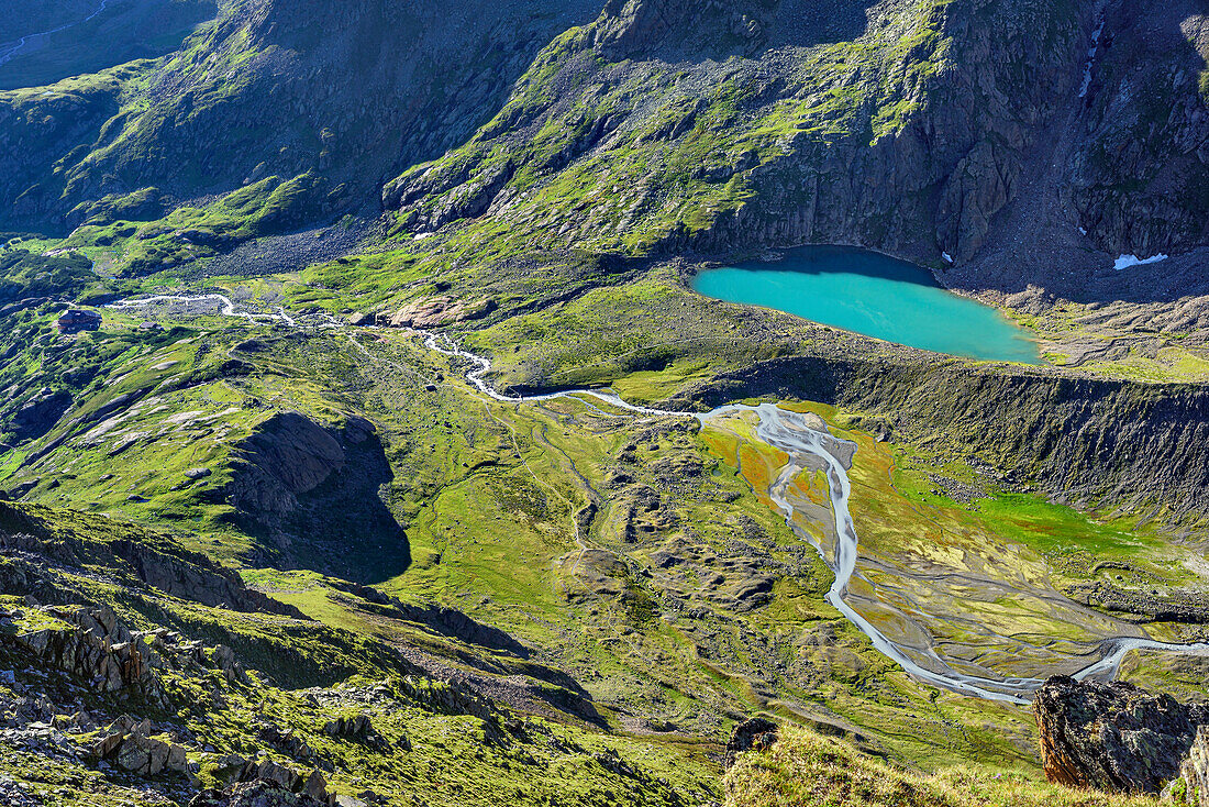 Valley of Sulzaubach and lake Blaue Lacke, from Grosser Troegler, Stubai Alps, Tyrol, Austria