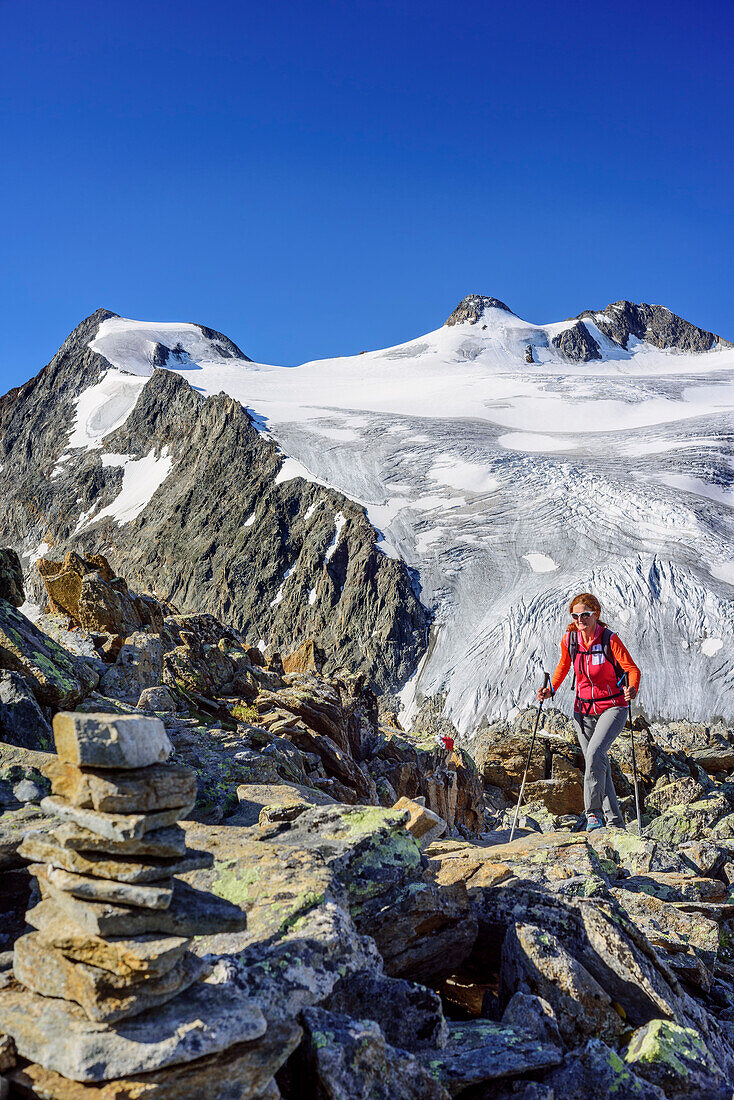 Woman hiking ascending towards Grosser Troegler, Wilder Pfaff and Zuckerhuetl in background, Grosser Troegler, Stubai Alps, Tyrol, Austria