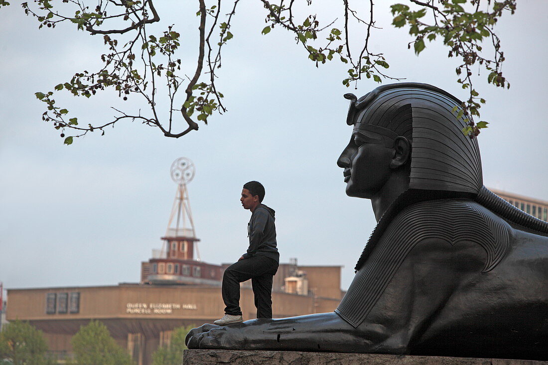 One of two Sphinxes,  Victoria Embankment, View at Queen Elizabeth Hall, Southbank Centre, London, England