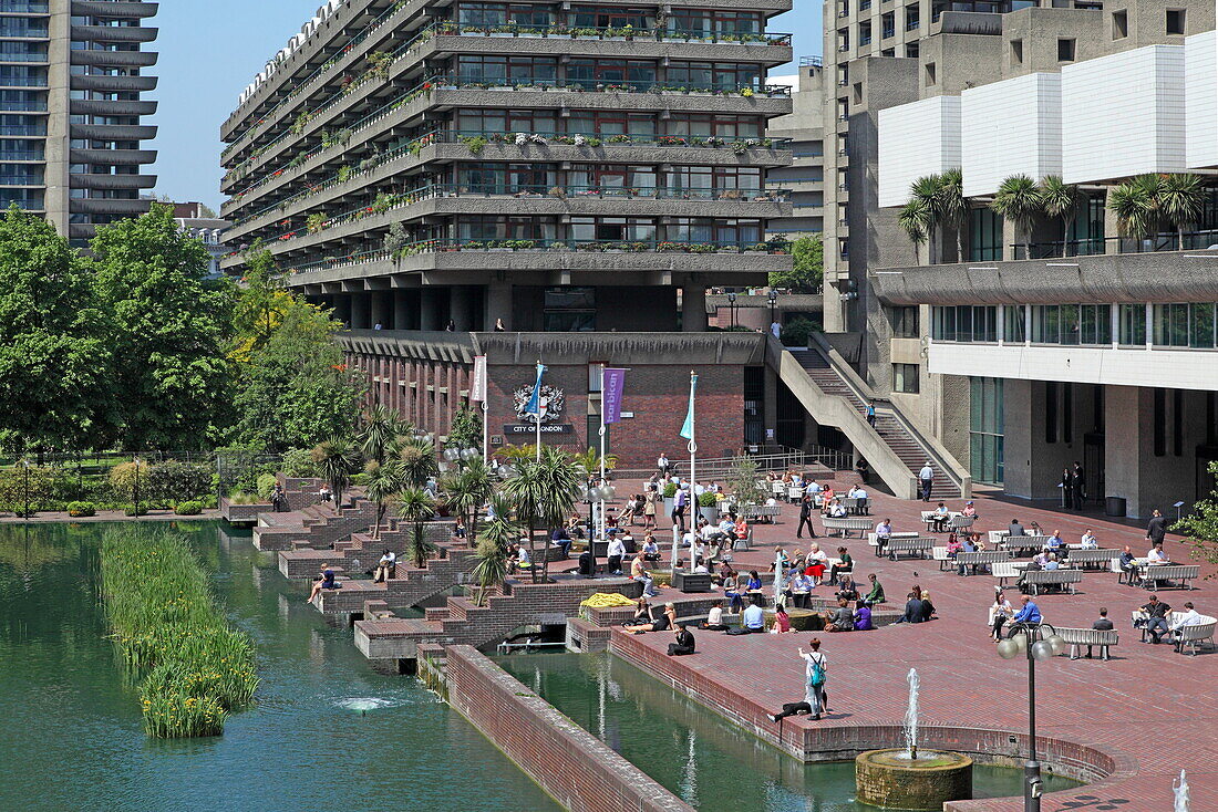 The Barbican centre in brutalist style, City of London, London, England