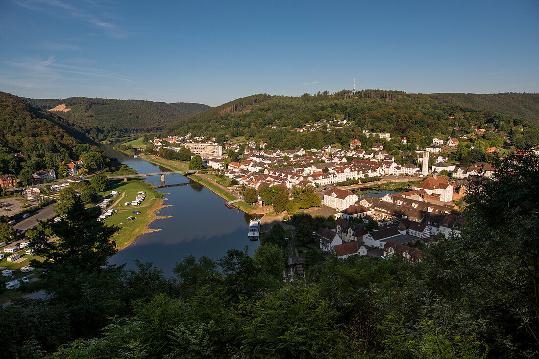 View of the town of Bad Karlshafen and the Weser river, Bad Karlshafen, Hesse, Germany, Europe