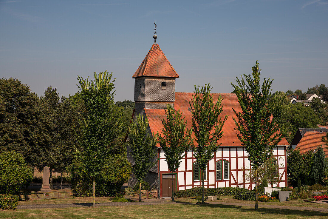 A half-timbered church according to the Calvinist tradition for the Huguenot community of Carlsdorf., Carlsdorf, Hofgeismar, Hesse, Germany, Europe