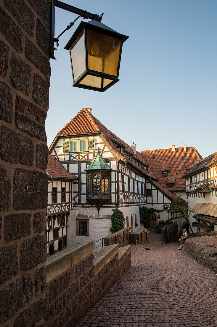 First courtyard with half-timbered buildings at Wartburg castle, Eisenach, Thuringia, Germany, Europe