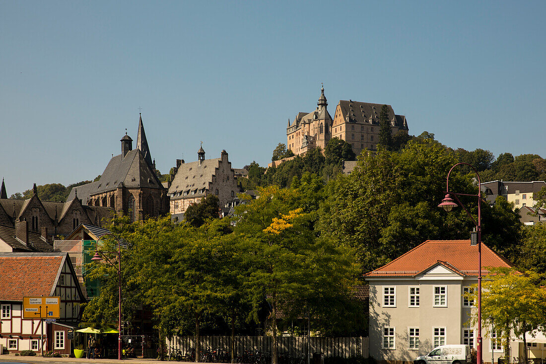 Cityscape of Marburg with the Lutheran parish church of St. Marien and Landgrafenschloss, Marburg, Hesse, Germany, Europe