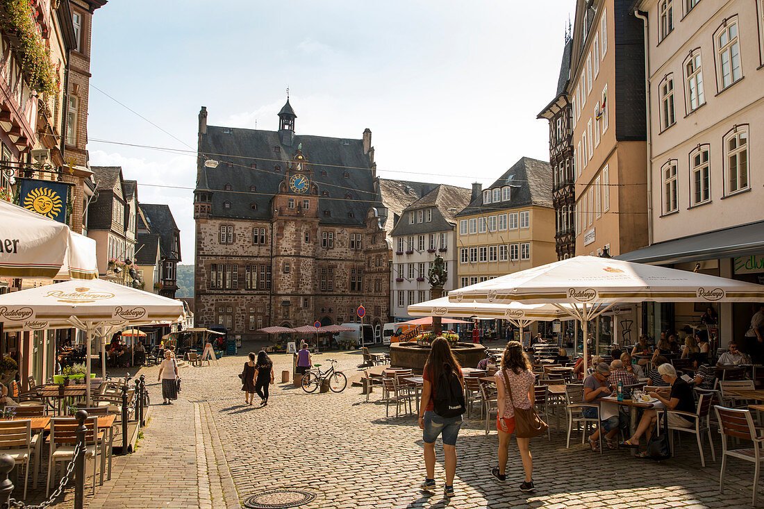 Rathaus town hall, framed by half-timbered houses on the historic market square, Marburg, Hesse, Germany, Europe