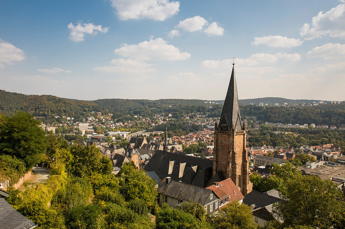 Cityscape of Marburg with the Lutheran parish church of St. Marien, Marburg, Hesse, Germany, Europe