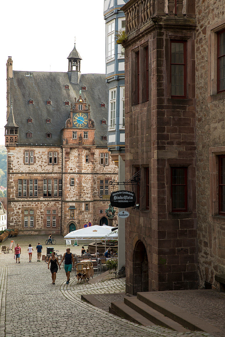 Rathaus town hall, framed by houses on the historic market square, Marburg, Hesse, Germany, Europe