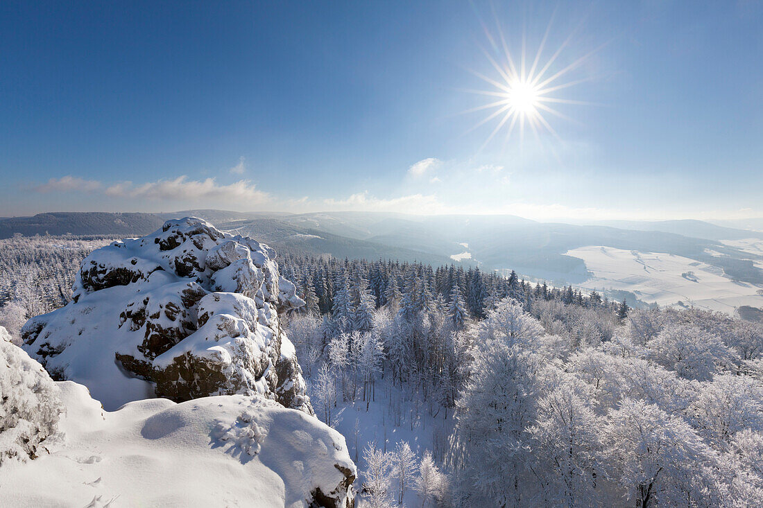 Blick vom Feldstein, Bruchhauser Steine, bei Olsberg, Rothaarsteig, Rothaargebirge, Sauerland, Nordrhein-Westfalen, Deutschland