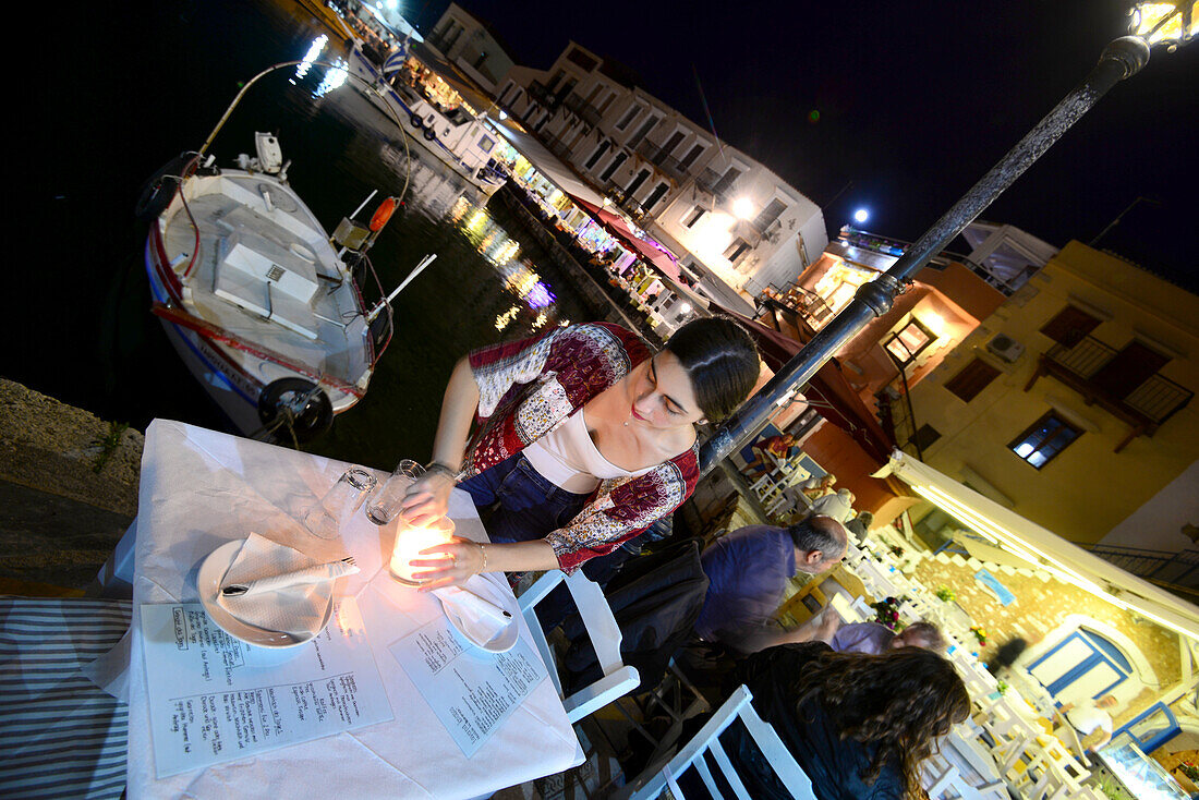 Restaurant Knossos in the Venetian harbour, Rethimno, Crete, Greece