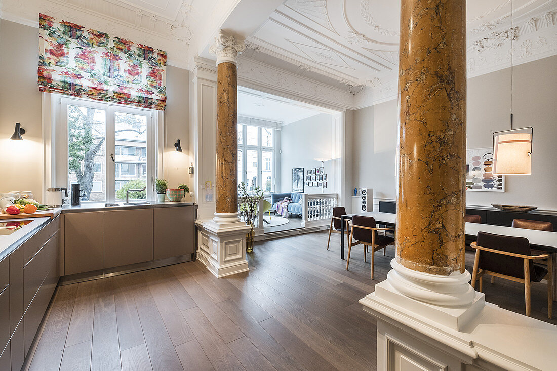 Kitchen and living area in a modern furnished Art Nouveau apartment in Hamburg, North Germany, Europe