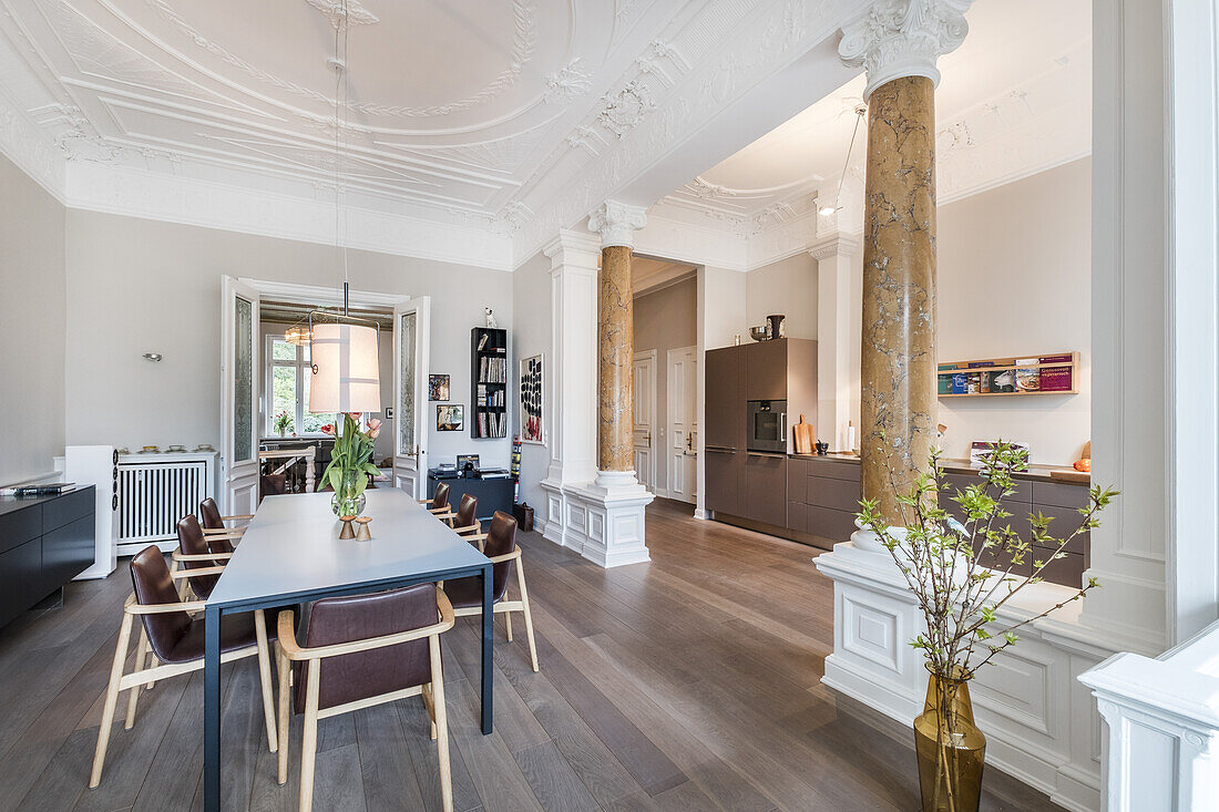 dining table in a modern furnished Art Nouveau apartment in Hamburg, north Germany, Europe