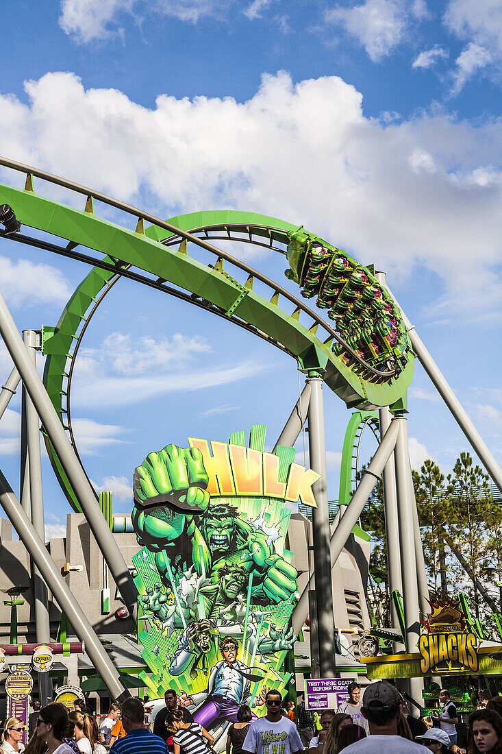 The Incredible Hulk roller coaster in Marvel Super Hero Island at Universal Studios Islands of Adventure in Orlando, Florida.,X2I-2166892 - © - Ron Buskirk