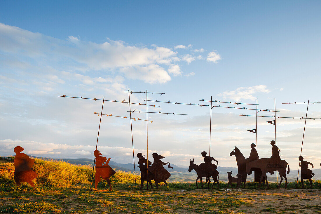 iron sculpture, pilgrims trek, pilgrim, Alto del Perdon, Sierra del Perdon, near Pamplona, Camino Frances, Way of St. James, Camino de Santiago, pilgrims way, UNESCO World Heritage, European Cultural Route, province of Navarra, Northern Spain, Spain, Euro