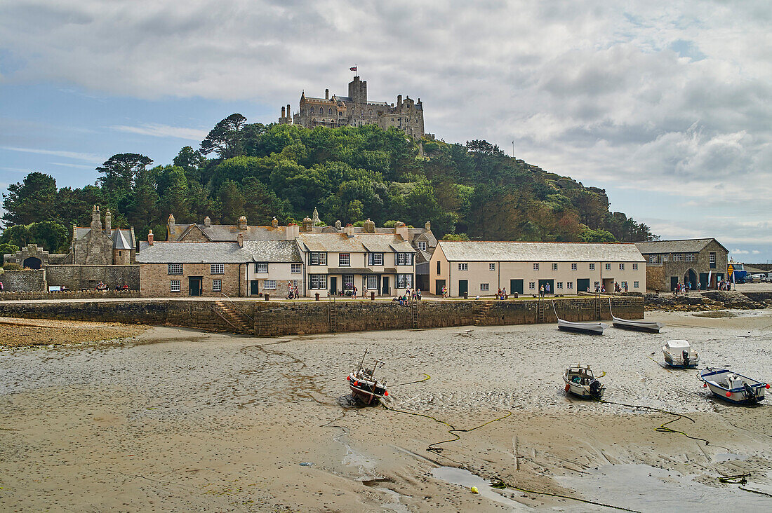 View of St Michael's Mount from the tidal island's landward harbour wall, Marazion, Cornwall, England, United Kingdom, Europe