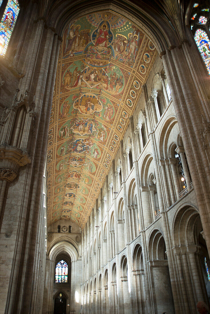Interior of Ely Cathedral, looking towards its nave and painted ceiling, Ely, Cambridgeshire, England, United Kingdom, Europe