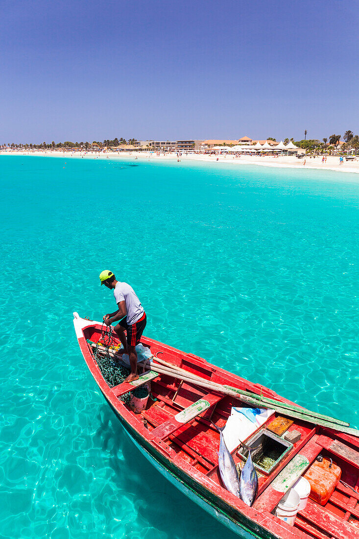 Fisherman with his catch of fish in a traditional fishing boat, Santa Maria, Sal Island, Cape Verde, Atlantic, Africa