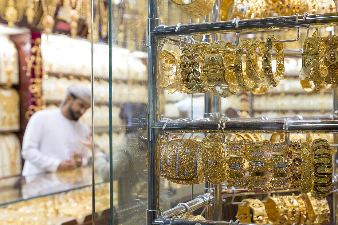 Gold jewellery on sale in shop window, Gold Souk, Dubai, United Arab Emirates, Middle East