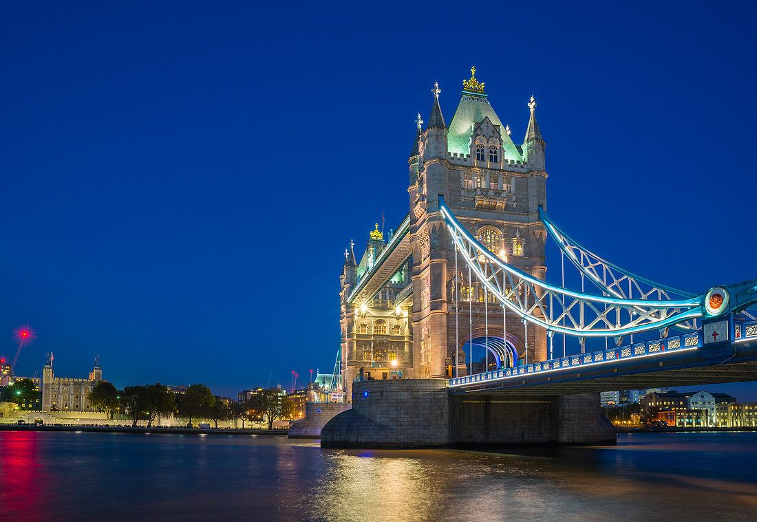 Tower Bridge over River Thames at night, London, England, United Kingdom, Europe