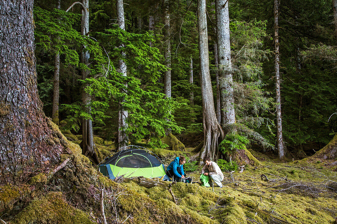 Ein Mann sitzt außerhalb eines kleinen Zeltes auf einem moosigen Boden mit großen Bäumen und einem dunklen Wald im Hintergrund.