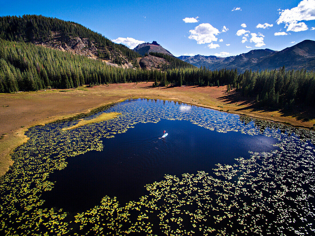 Luftaufnahme des Paddelboarders in der Mitte der lilly Pads auf einem alpinen See in Colorado