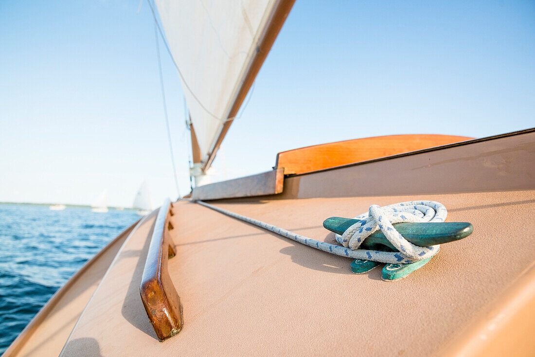 The Cleat On Wooden Catboat Sailing On Narragansett Bay, Rhode Island