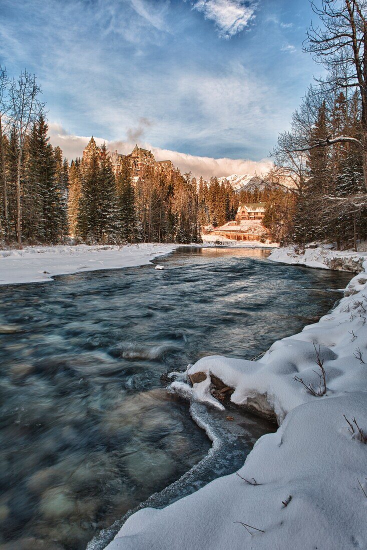 Banff Springs Hotel and river, winter