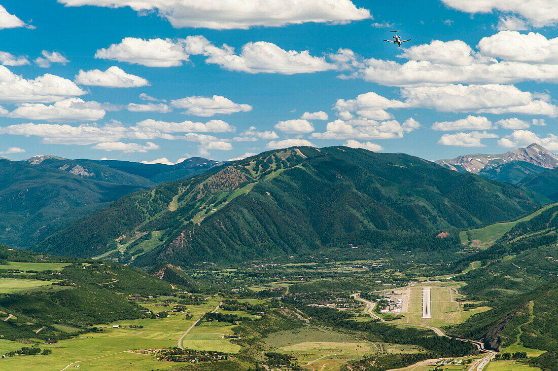 Overview of Aspen, Colorado on a sunny summer day