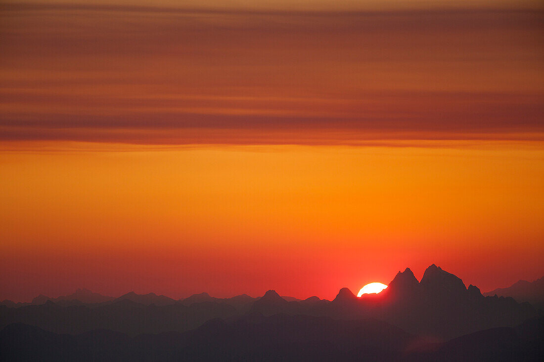 The sun sets behind Mount Judge Howay as seen from Chilliwack, British Columbia, Canada.