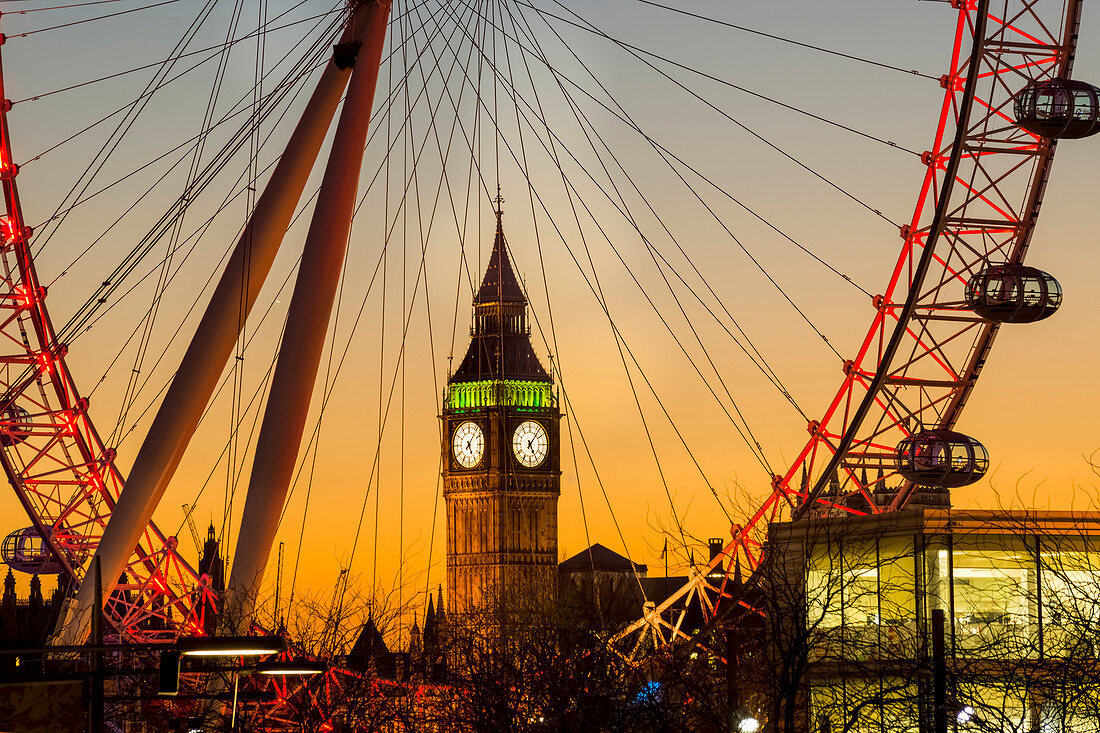 'Millennium Wheel and Big Ben framed at sunset; London, England'