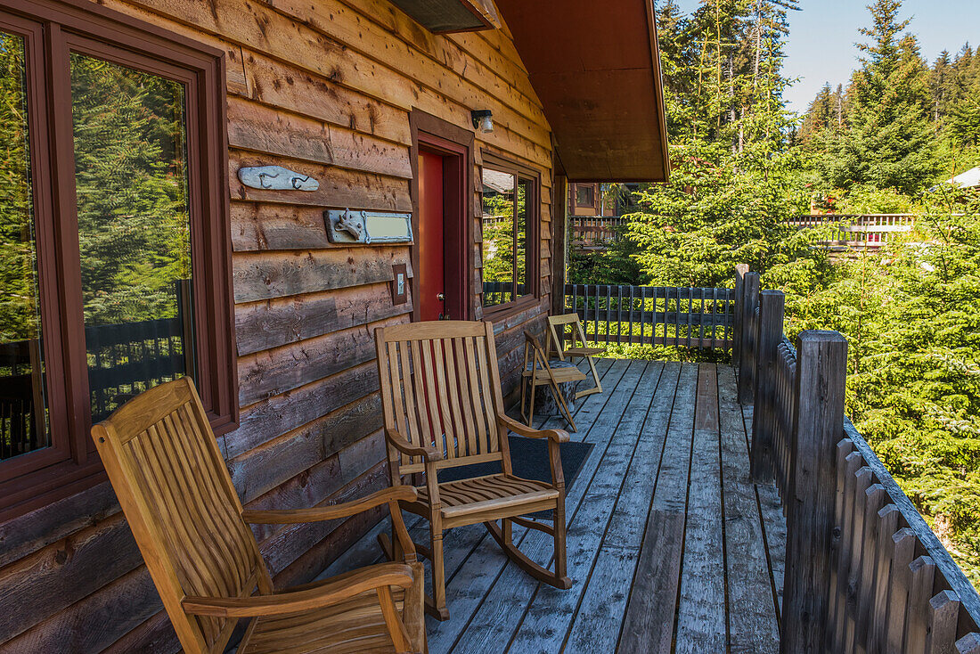 Cabins and deck at the Tutka Bay Lodge in Kachemak Bay, Southcentral Alaska, USA