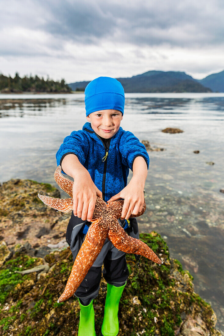 Junge zeigt einen großen Seestern, Hesketh Island, South Central Alaska, USA