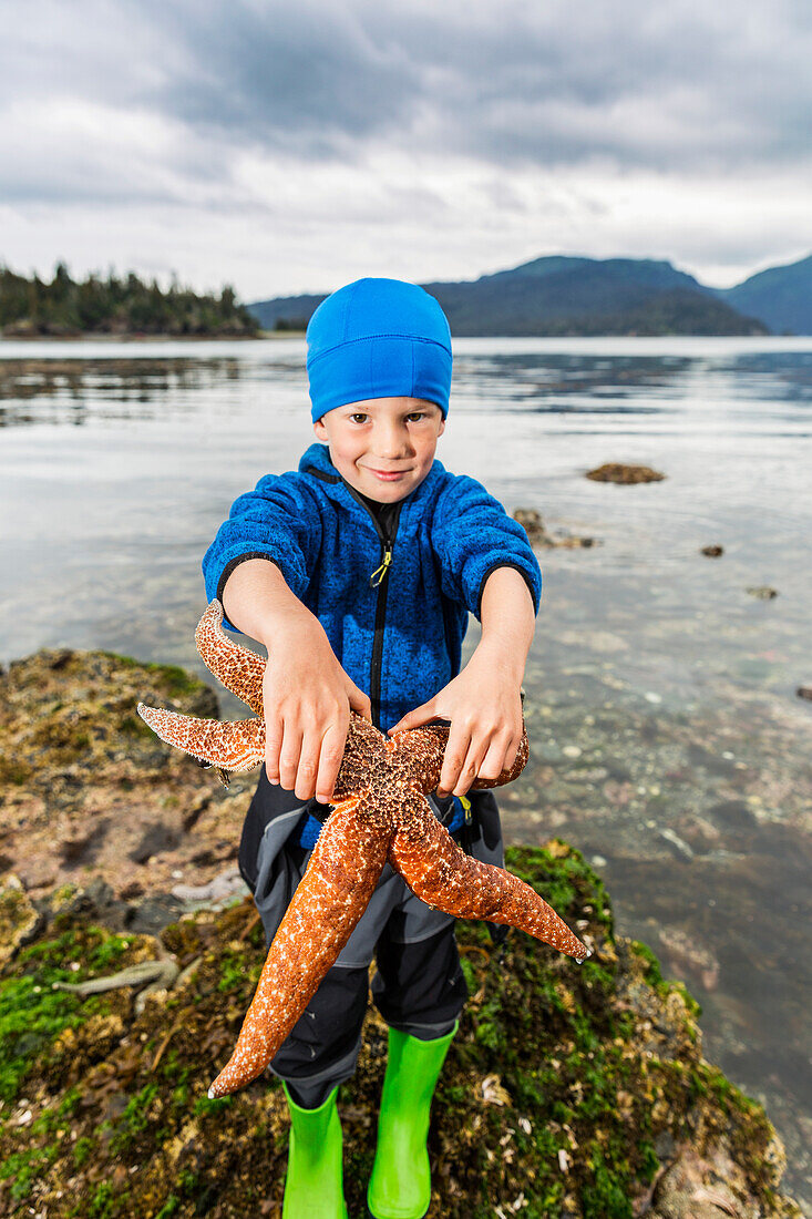Young boy showing off a large sea star, Hesketh Island, Southcentral Alaska, USA